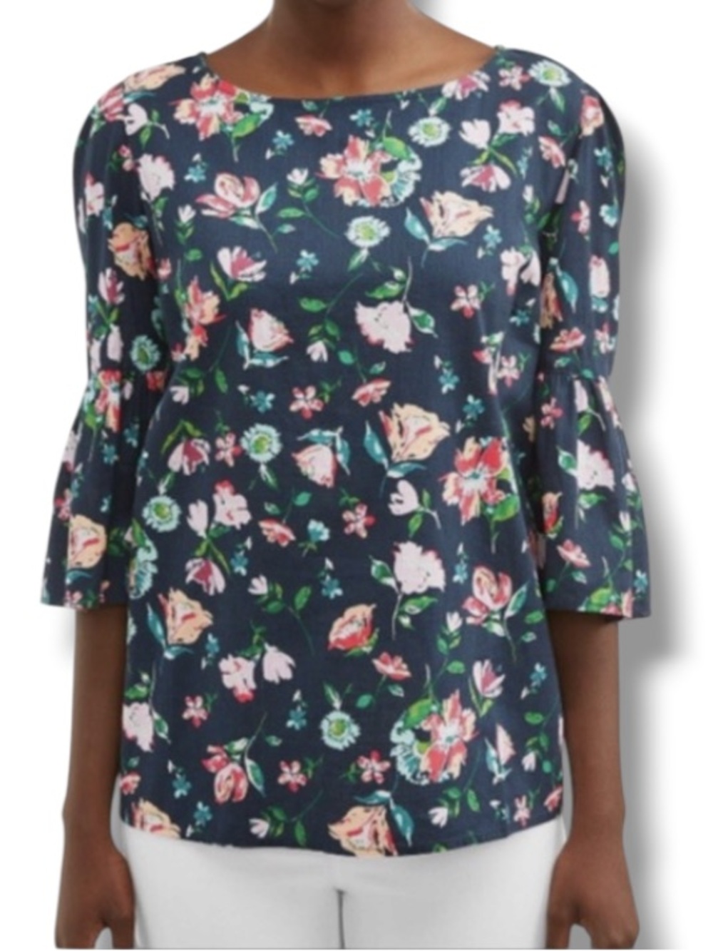 Time & Tru Women’s Navy Floral Print 3/4 Bell Sleeves 100% Cotton Top